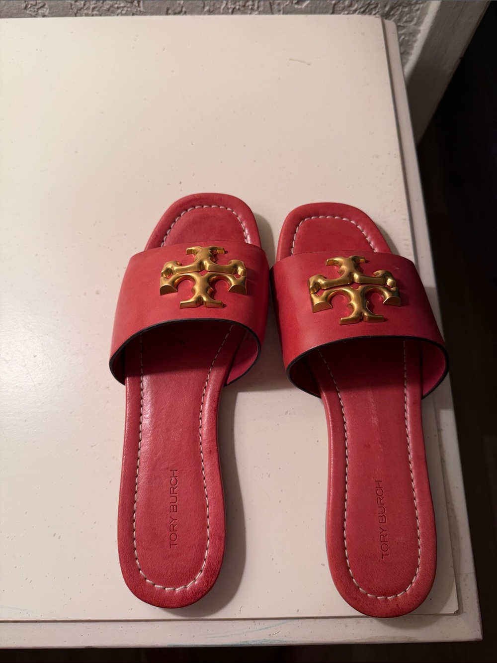 Tory Burch Red Leather Slide Sandals with Gold Emblem